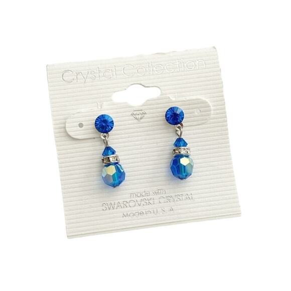 NWT 6mm Blue Iridescent Swarovski Crystal Dangle Earrings - Picture 1 of 2